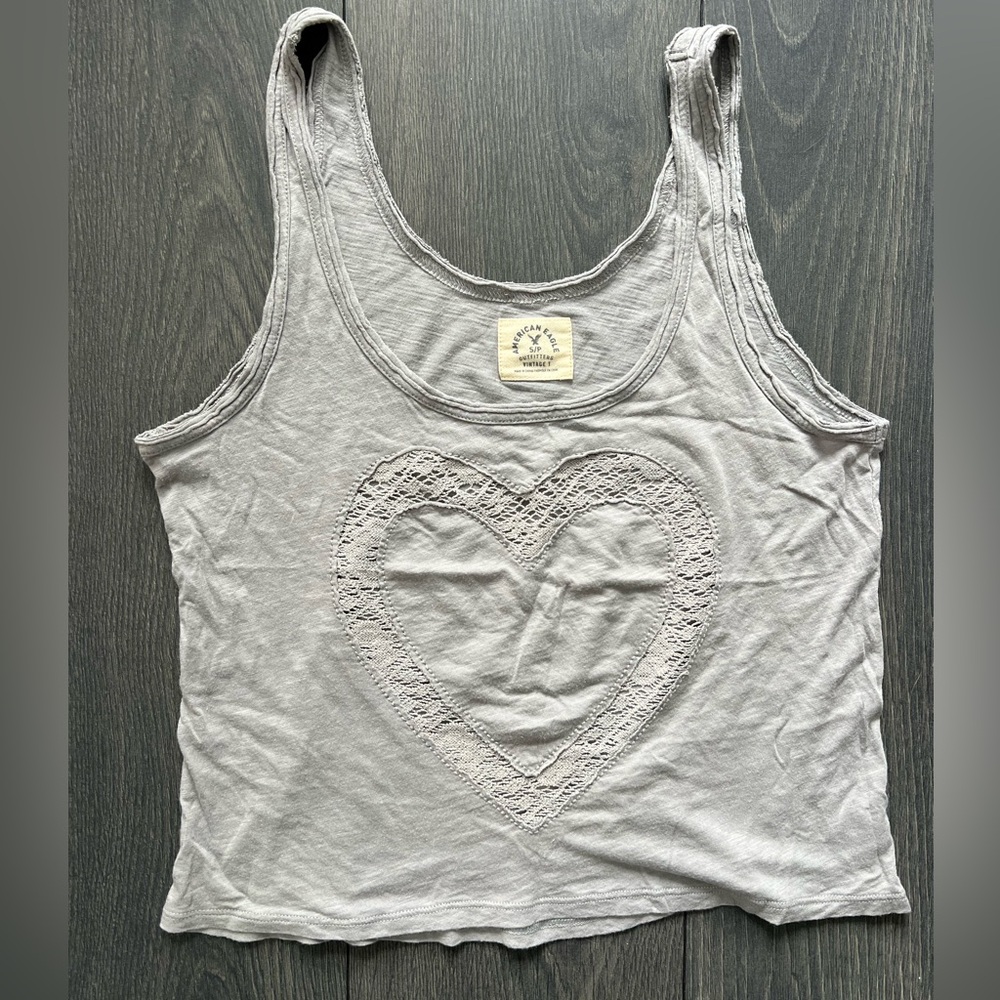 American Eagle Light Gray Lace Heart Tank